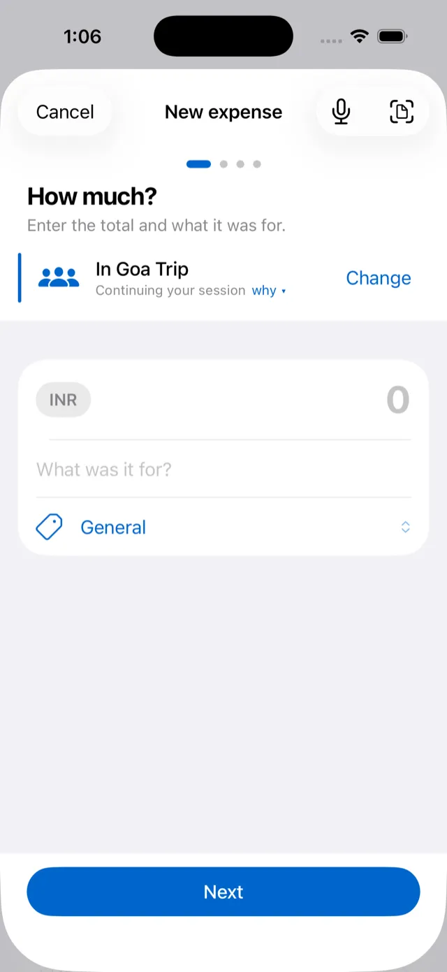 Adding a new expense with voice and scan