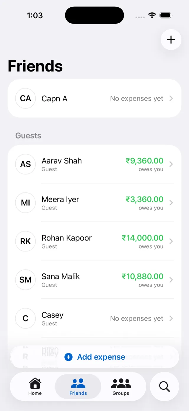 Expensease friends list, where lent-money loans are tracked