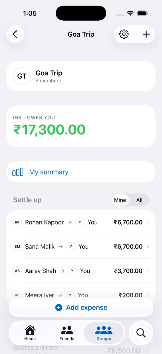 Group balance and settle-up list