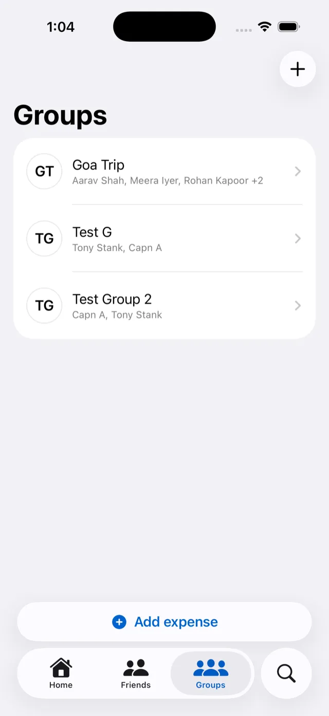 Expensease groups list, each group showing its own balance