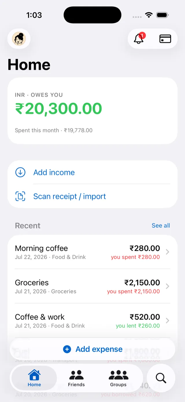 Expensease home screen showing a clear balance owed to you