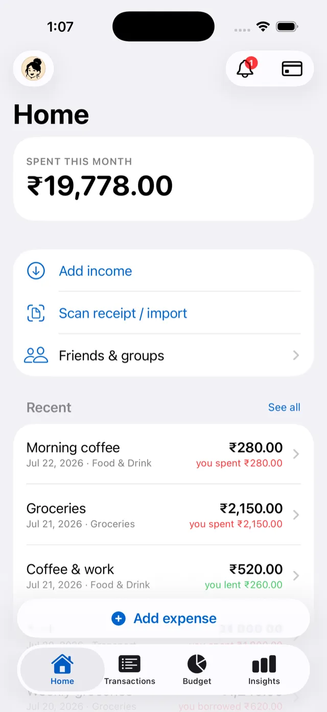 Personal spending tracker home